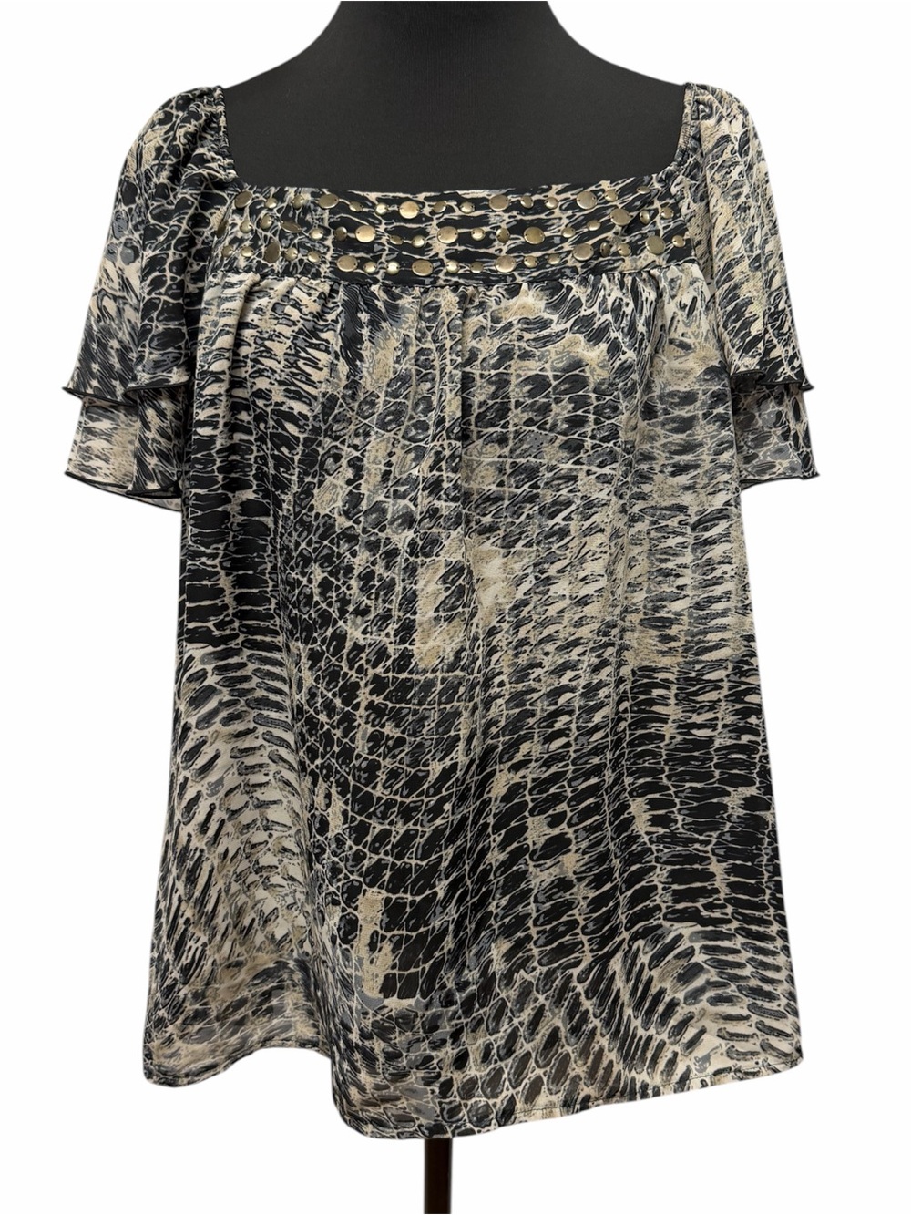 Beverly Drive 16W 18W Black Beige Animal Print Studded Flowy Blouse Plus